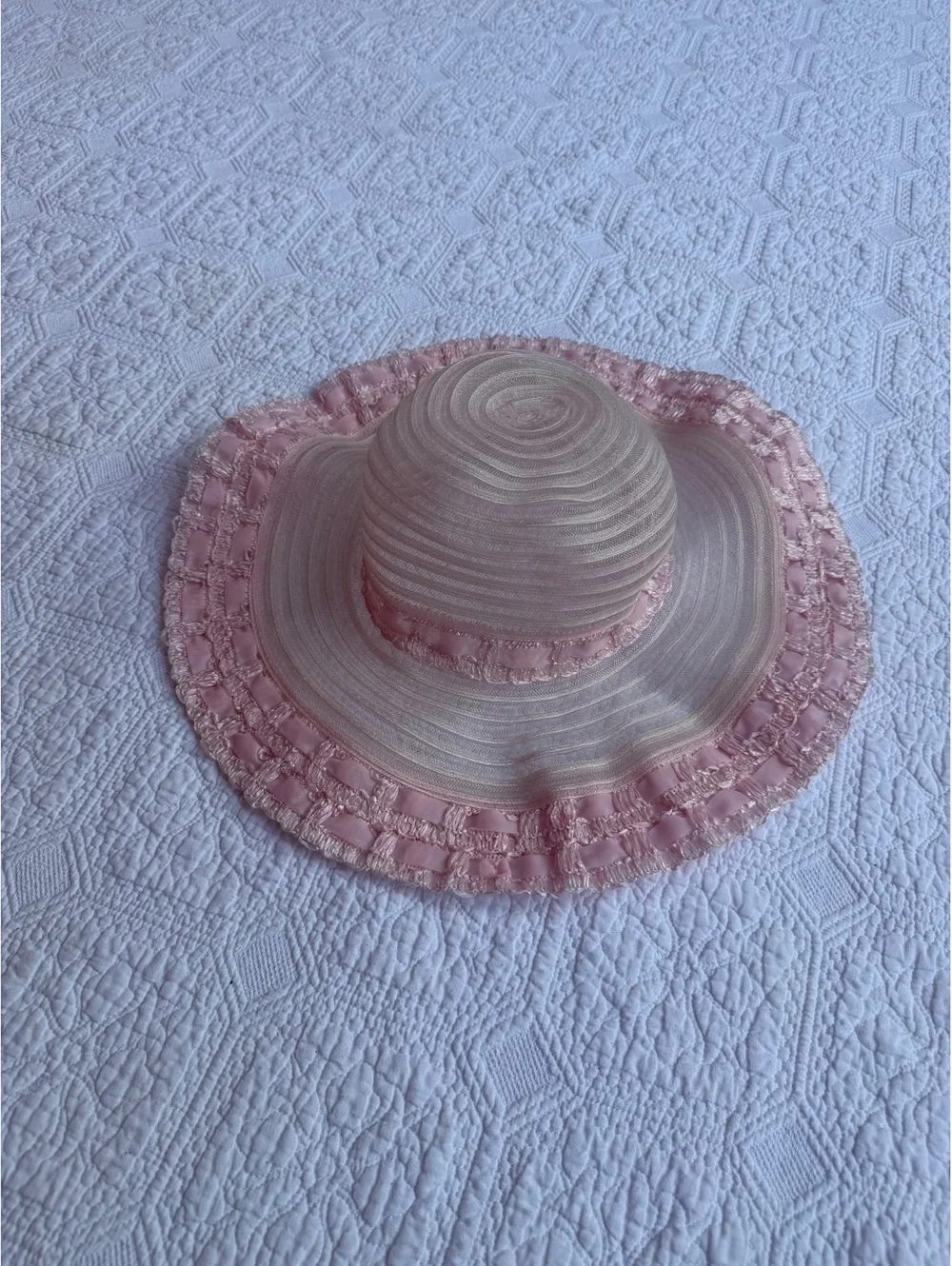 Vintage Pink and White Wide Brim Sun Hat with Ribbon Trim